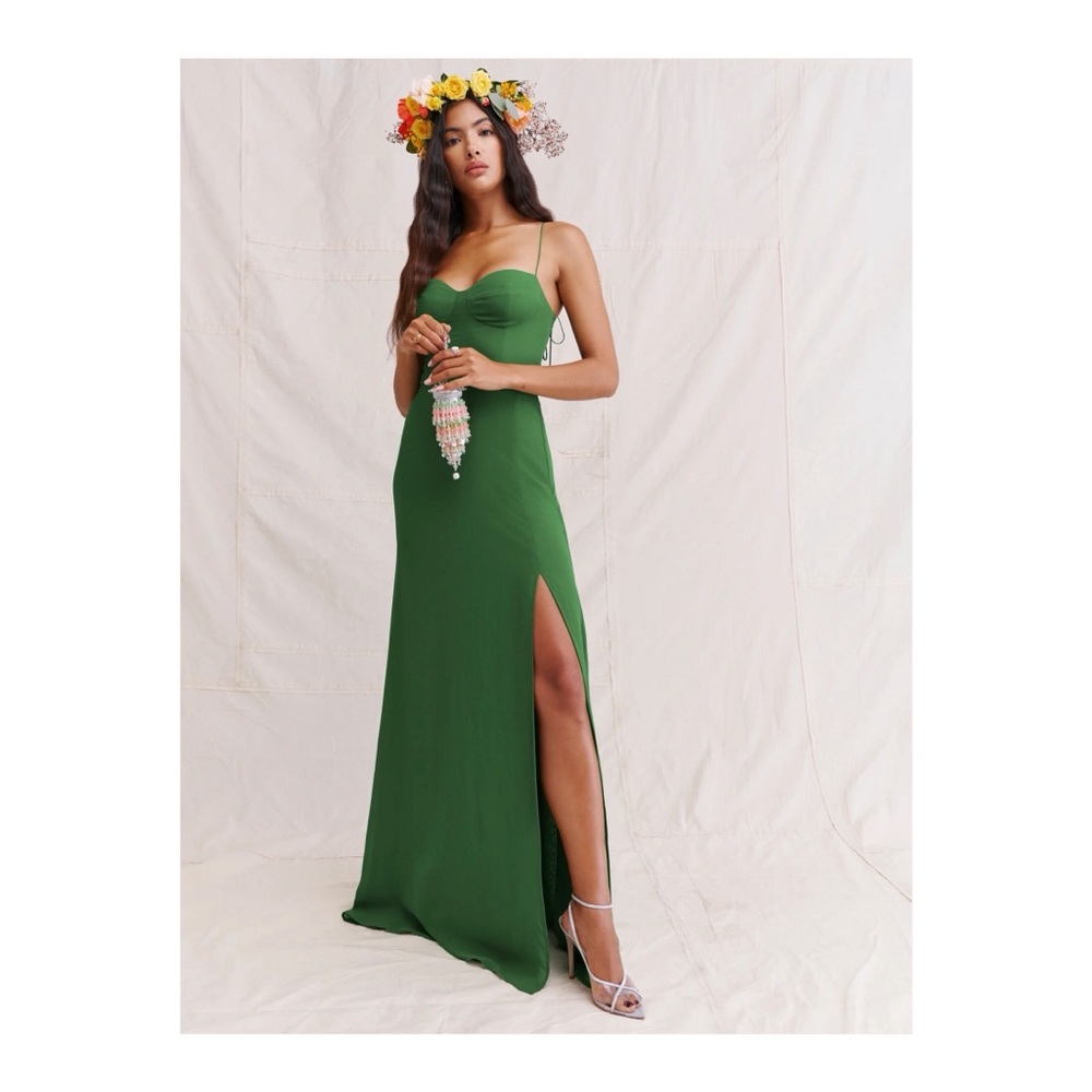 Reformation Green Strapless Prom Dress